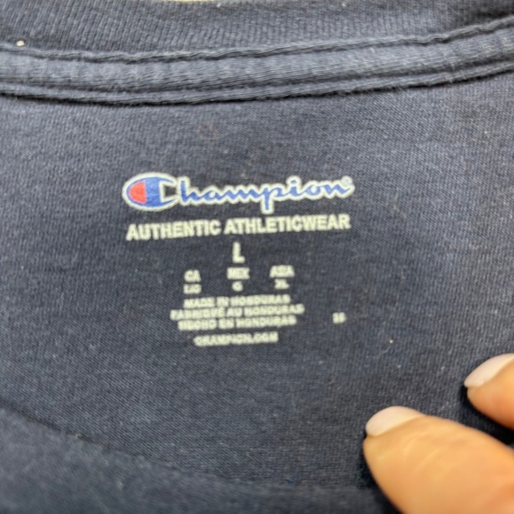 Champion Mens Navy Blue Script Logo Short Sleeve Graphic T-Shirt Large #1142 - Picture 4 of 8
